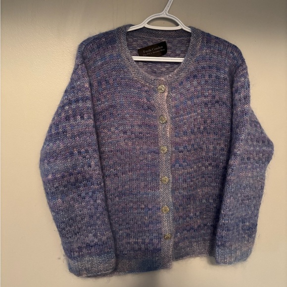 Vintage Made in Canada Freda Condon Purple Wool Handmade Knit Cardigan Large - Picture 5 of 9
